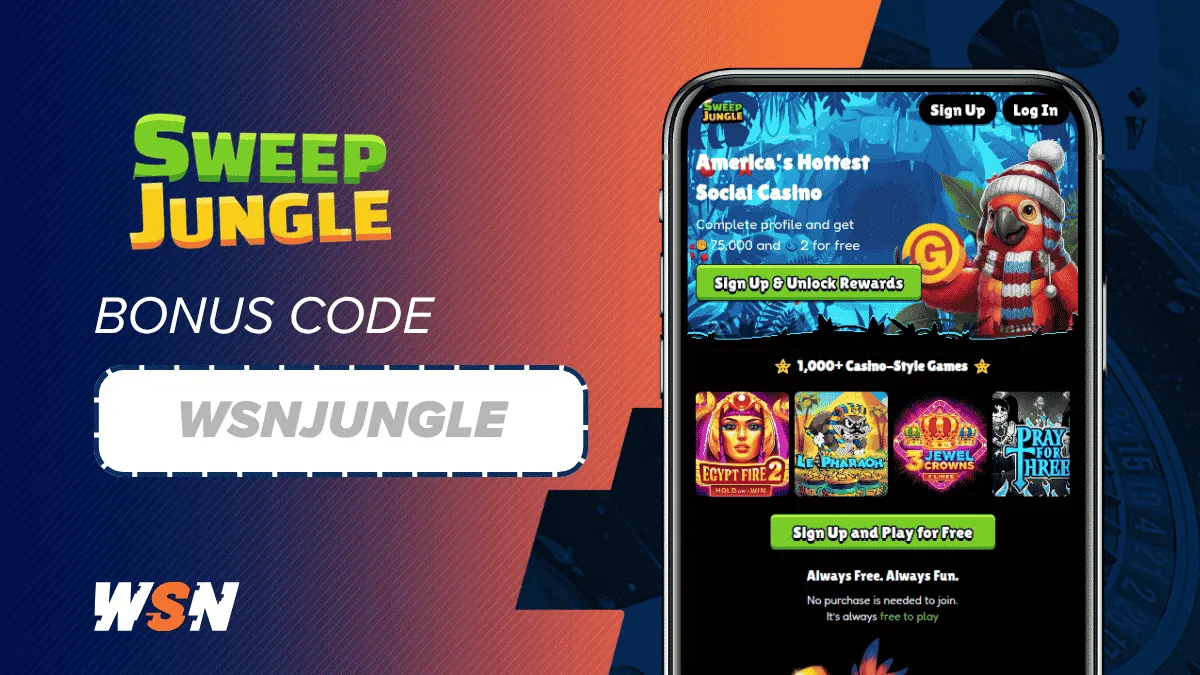 WSN banner with the Sweep Jungle logo, a bonus code box showing the WSN code and a phone displaying the Sweep Jungle homepage