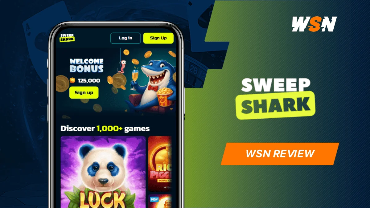 WSN review banner with the Sweep Shark logo beside a phone showing its homepage with a shark mascot and slot tiles