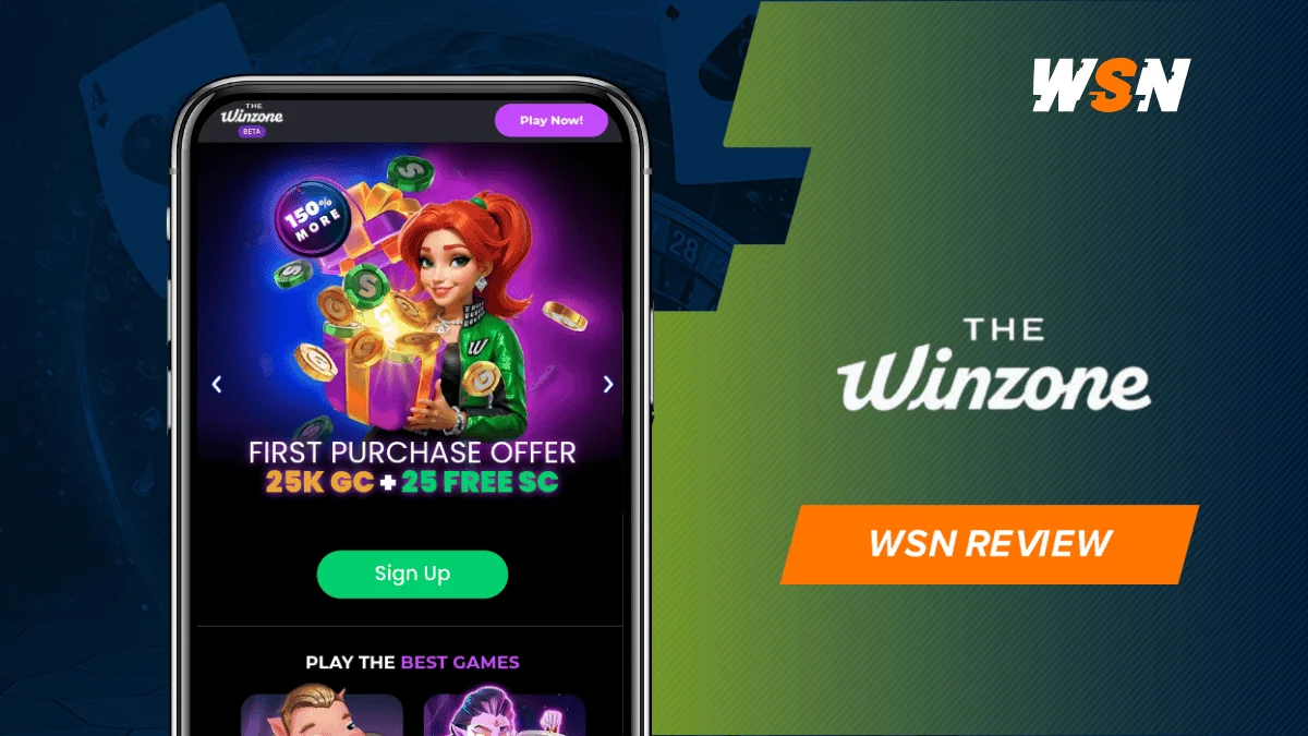 The Winzone logo and WSN review badge beside a phone showing the casino's mobile homepage with a red-haired mascot