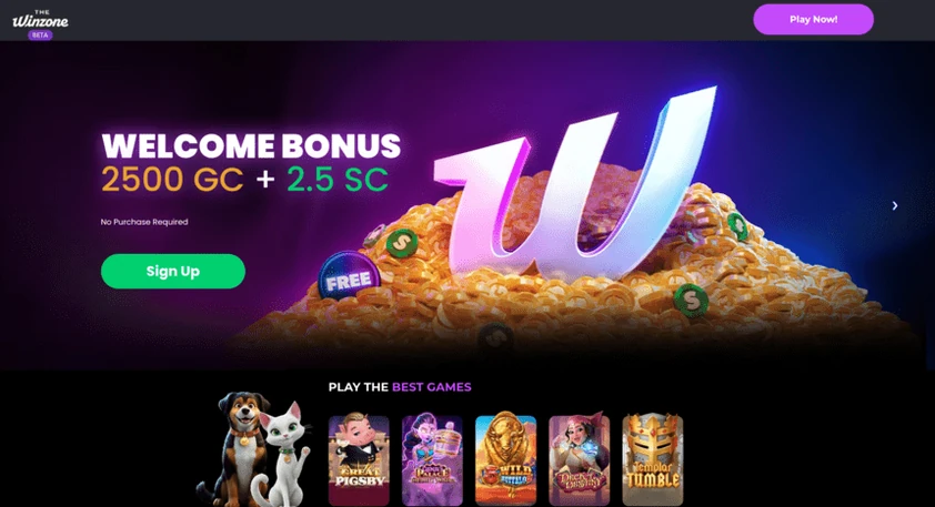The Winzone homepage with a welcome bonus hero banner, sign up button and a play the best games row of slot tiles