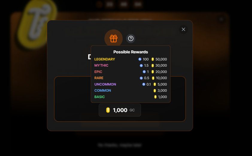 ToraTora daily bonus modal with a possible rewards tooltip listing seven reward tiers from basic to legendary