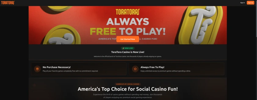 ToraTora homepage with a red always free to play hero banner, get started button and two feature cards below
