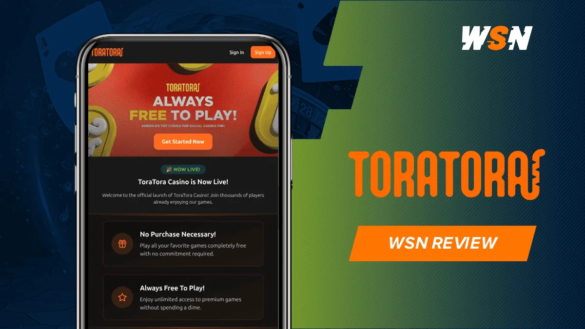 ToraTora logo and WSN review badge beside a phone showing the casino's mobile homepage on a navy and green backdrop