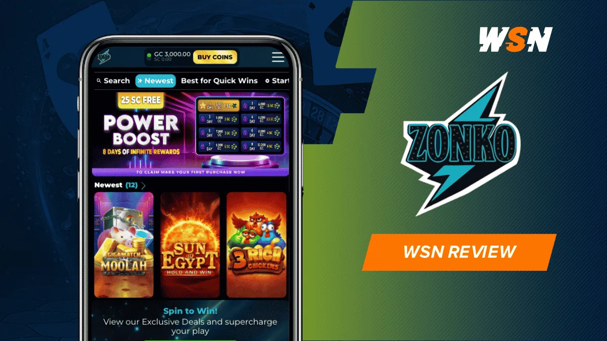 Zonko lightning bolt logo and WSN review badge beside a phone showing the casino's mobile lobby on a navy and green backdrop