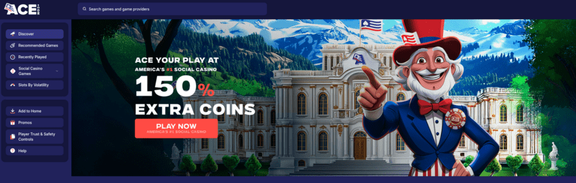 Ace.com homepage with a game search bar, a left menu of game categories and a welcome banner with the Uncle Sam mascot
