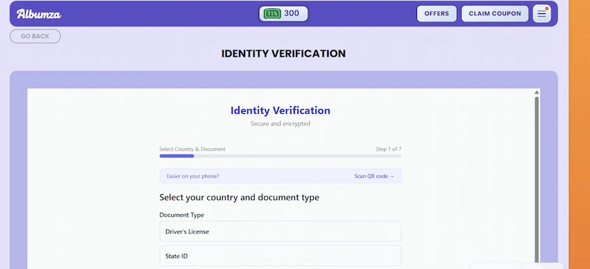 Albumza identity verification page, first step, with a progress bar, a QR code option and document type choices