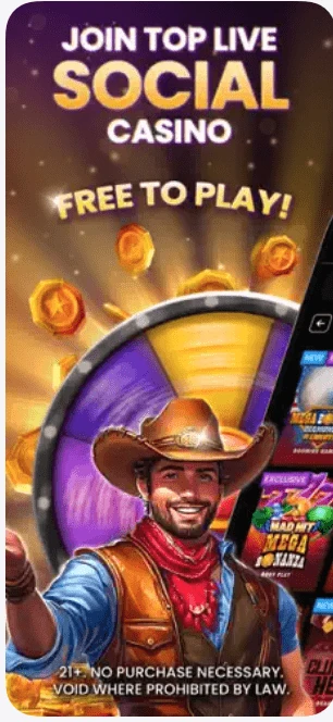 Mega Bonanza app store preview art with a smiling cowboy in front of a prize wheel and a phone edge showing slot tiles