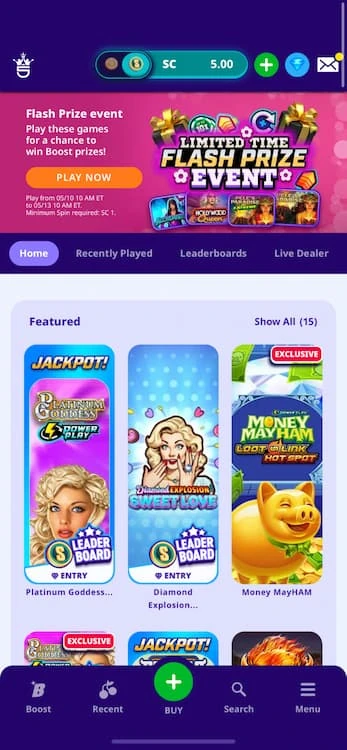 High 5 Casino mobile app home with a coin balance bar, flash prize event banner, category tabs and featured slot tiles