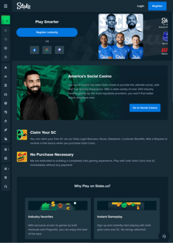 Stake.us mobile site with a register panel, soccer player banner, social casino intro and claim your SC section