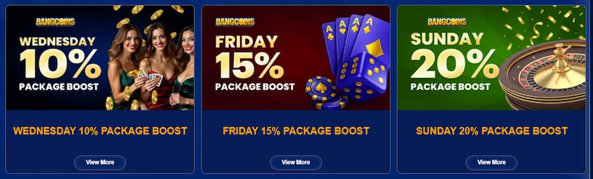 BangCoins promotions page with three weekday package boost cards, each with themed artwork and a view more button