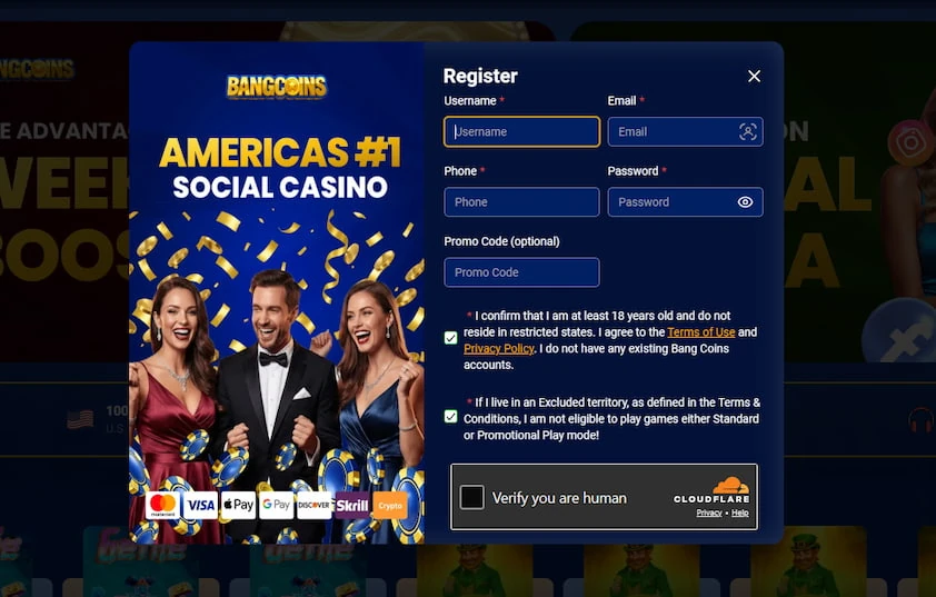 BangCoins registration modal with username, email, phone, password and promo code fields, consent checkboxes and a captcha