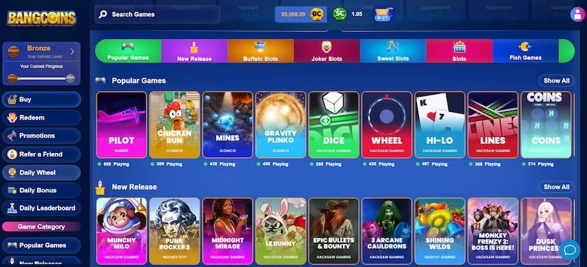 BangCoins desktop lobby with a side menu, game category tabs and rows of popular and new release game tiles