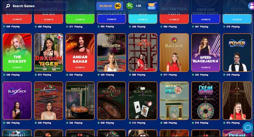 BangCoins live dealer lobby with rows of game tiles showing dealers for roulette, blackjack, baccarat and game shows