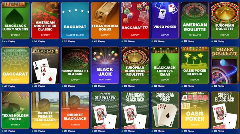 BangCoins table games grid of blackjack, roulette, baccarat and poker tiles, each with provider and player count