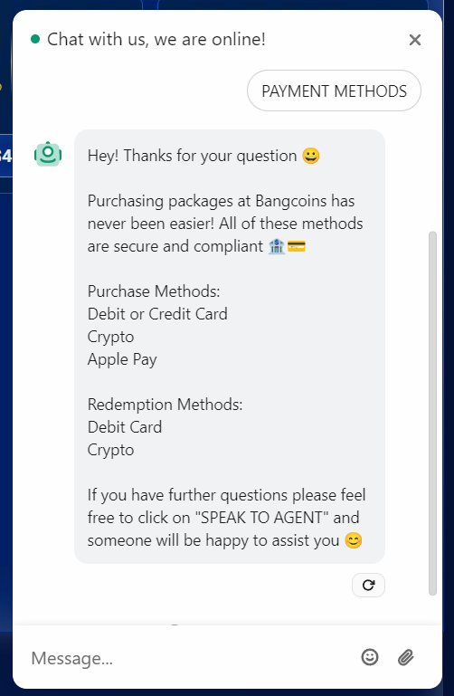 BangCoins support chat window with a bot reply listing accepted purchase and redemption methods and a message field