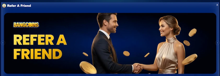 BangCoins refer a friend modal with a banner showing two people shaking hands among floating gold coins