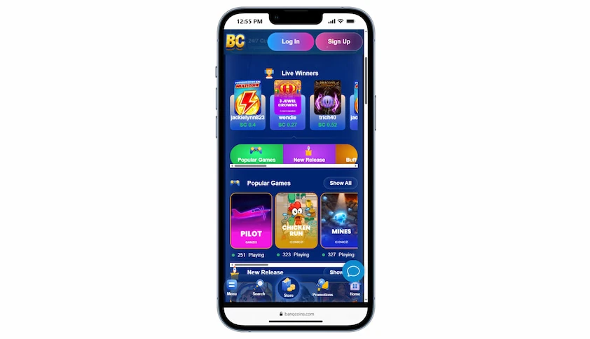 BangCoins mobile site on a phone with log in and sign up buttons, a live winners strip, game tabs and a bottom menu bar