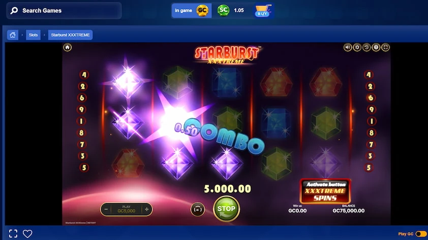BangCoins slot game open in the site frame with reels mid-spin, bet and balance fields and a stop button
