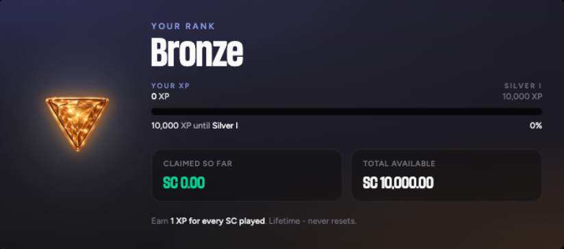 CoinsBack CoinsClub rank card with the Bronze badge, an XP progress bar to the next tier and claimed and available boxes