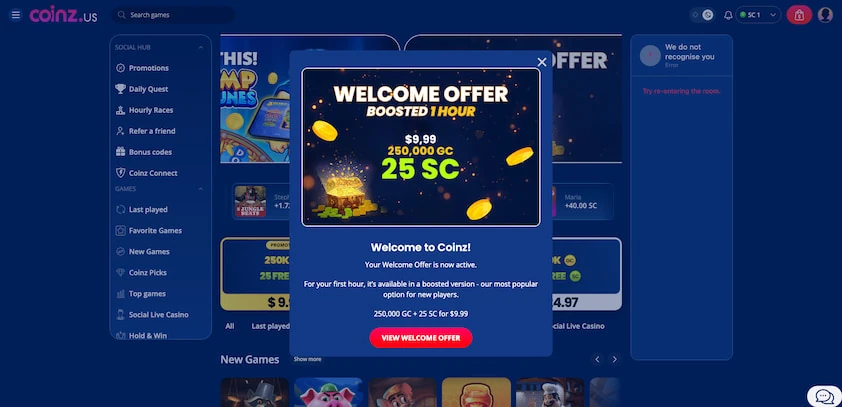 Coinz.us welcome offer popup over the lobby with a treasure chest graphic, offer summary and a view welcome offer button
