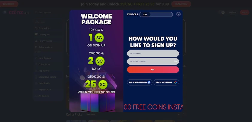 Coinz.us signup step one of three with email and password fields, a go button and social sign-in beside the welcome panel