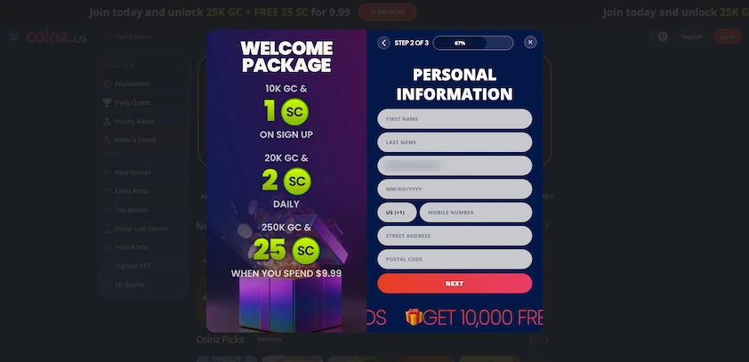 Coinz.us signup step two with name, birth date, mobile number and address fields beside the welcome package panel
