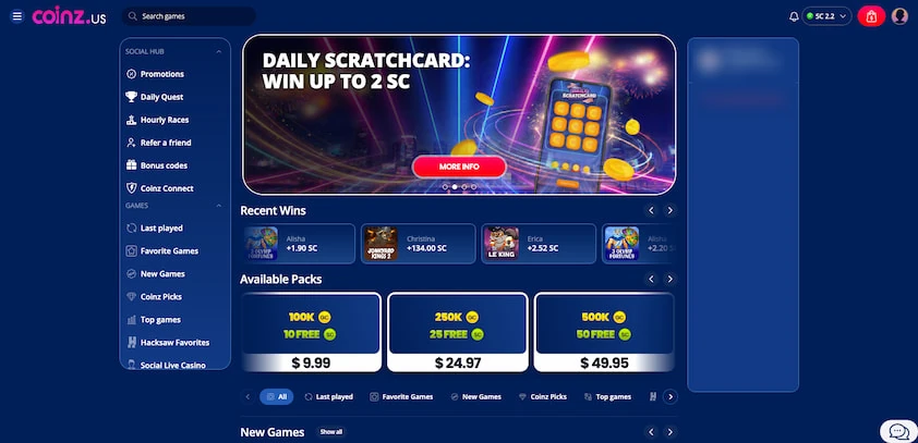 Coinz.us desktop lobby with a social hub sidebar, daily scratchcard banner, a recent wins row and available coin packages