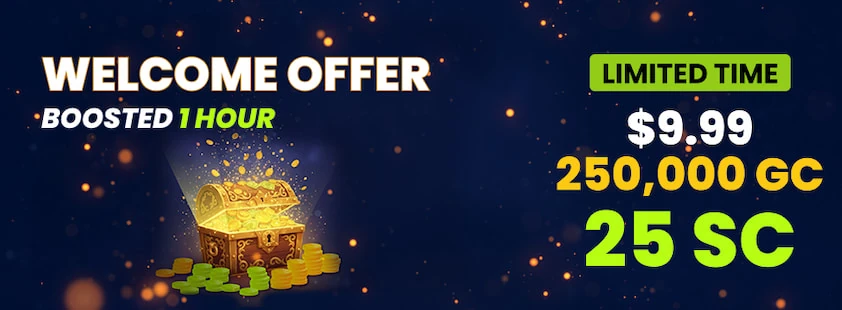 Coinz.us first purchase welcome offer banner with a limited time tag and coin package details beside an open treasure chest