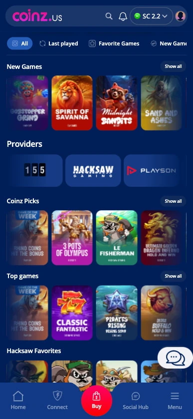 Coinz.us mobile games view with category chips and scrolling rows for new games, providers, Coinz picks and top games