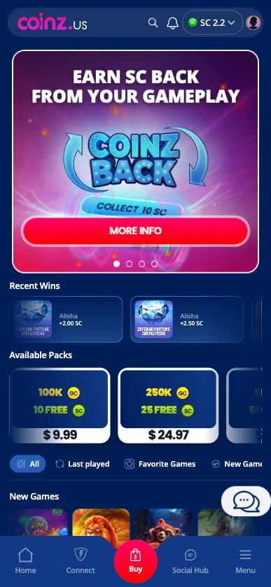 Coinz.us mobile lobby with a Coinz Back promo banner, a recent wins row, coin package cards, category chips and a bottom menu