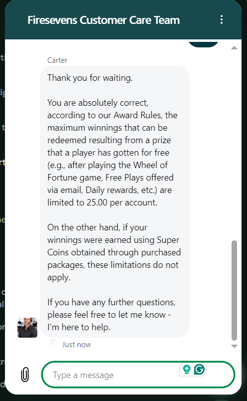 FireSevens customer care chat with an agent reply explaining redemption limits on winnings from free prizes