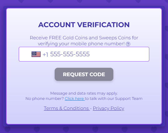 Golden Hearts Games account verification box with a US mobile number field and a request code button for phone verification