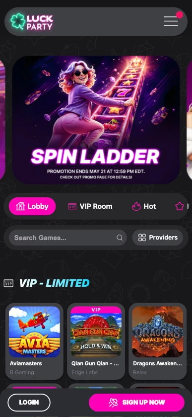 Luck Party mobile lobby with a promo banner, lobby, VIP room and hot tabs, a game search bar and a VIP game row