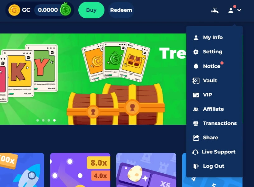LuckyBird account dropdown menu listing my info, settings, notices, vault, VIP, affiliate, transactions and log out