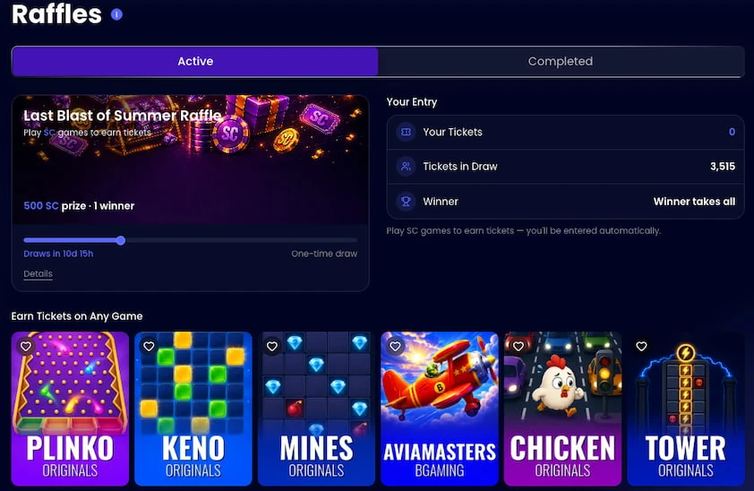 QuickMilly raffles page with an active raffle card and countdown, a your entry panel and a row of eligible games