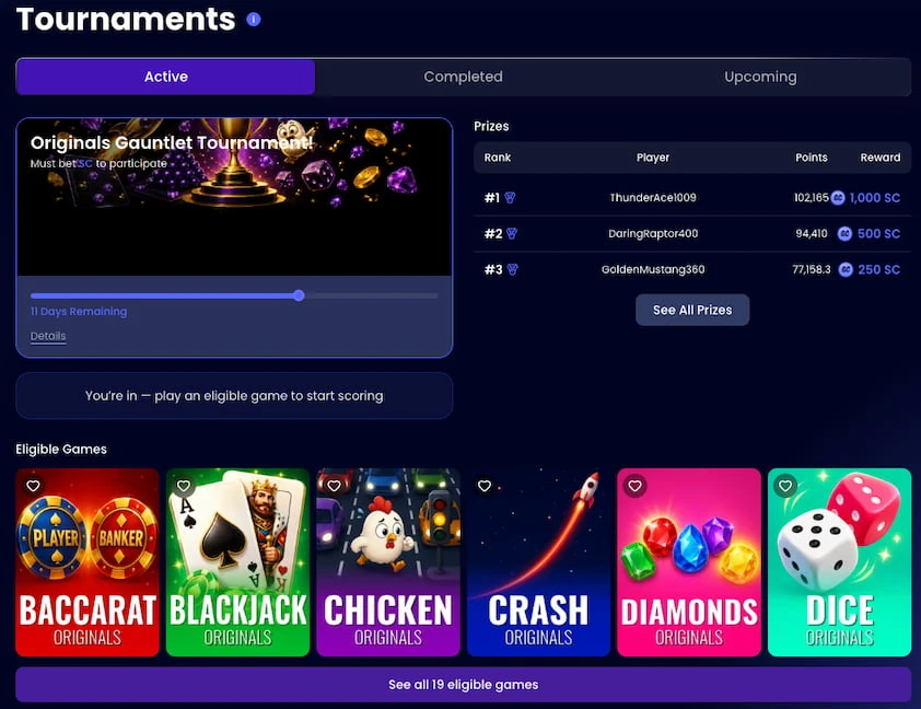 QuickMilly tournaments page with an active event card, a top three prize leaderboard and a row of eligible originals games