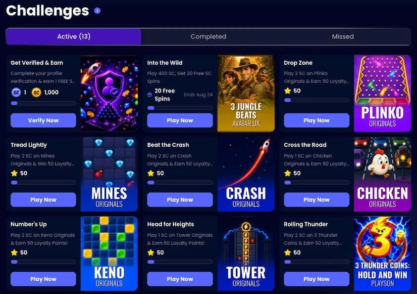 QuickMilly challenges page with active, completed and missed tabs above task cards with progress bars and play buttons