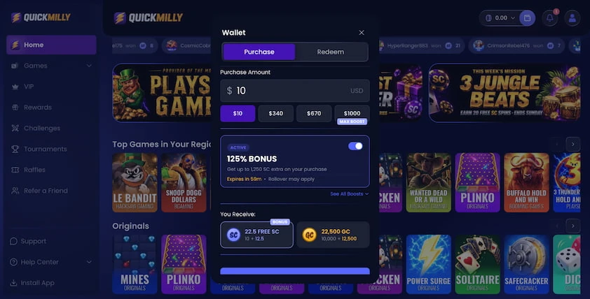 QuickMilly wallet modal on the purchase tab with an amount field, preset amount buttons and a coins received summary