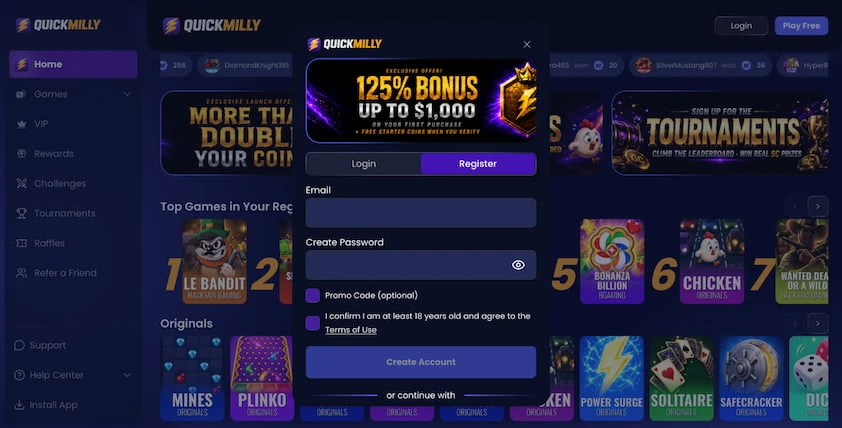 QuickMilly register modal with login and register tabs, email and password fields, a promo code box and terms checkbox