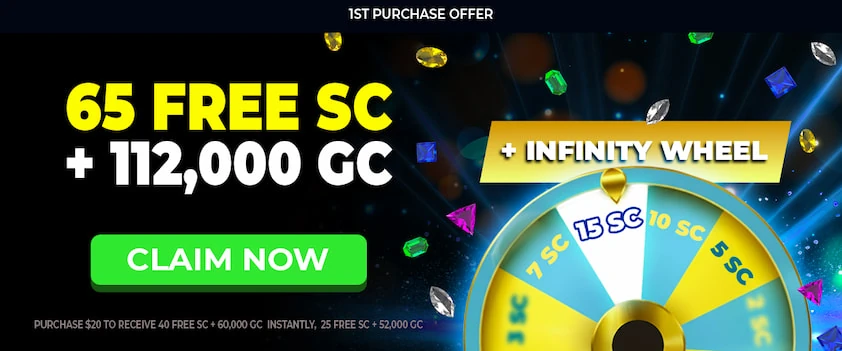 Spinsly first purchase offer banner with coin reward text, a claim now button and an infinity prize wheel graphic