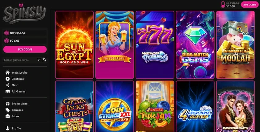 Spinsly slots lobby with a sidebar menu and game search beside a grid of tall slot game tiles