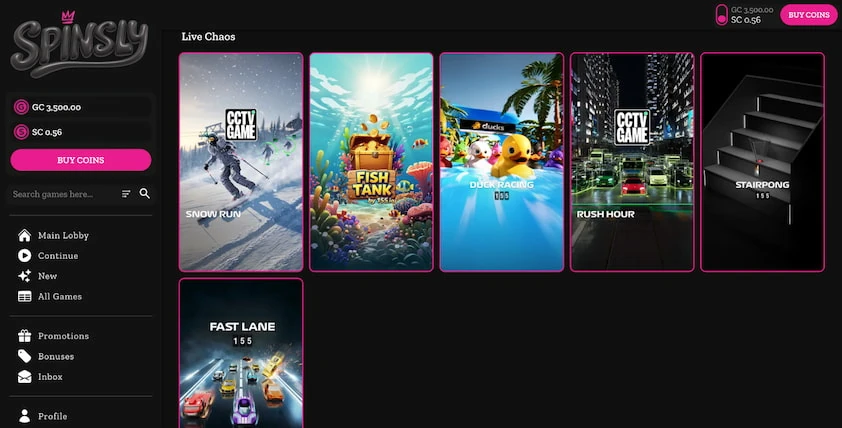 Spinsly Live Chaos section with a sidebar menu beside tiles for live camera games like snow run, duck racing and rush hour