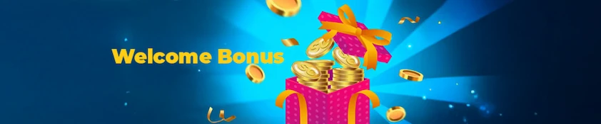 Spinsly welcome bonus section banner with a pink gift box bursting with gold coins on a glowing blue background