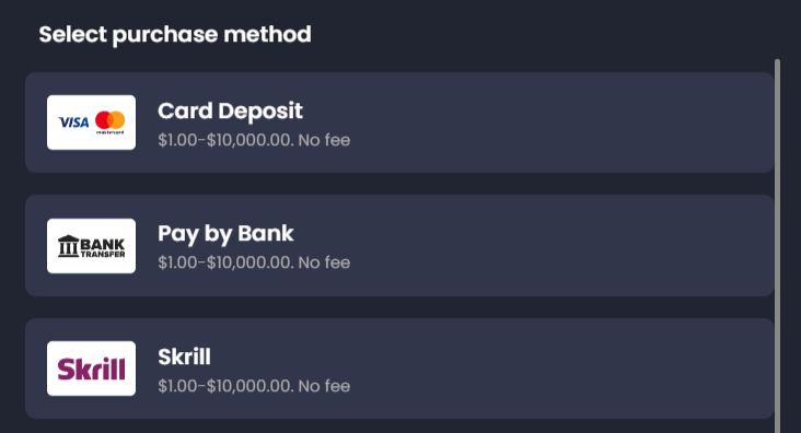 Splash Coins select purchase method list with card, pay by bank and Skrill options, each with its limit range and fee note