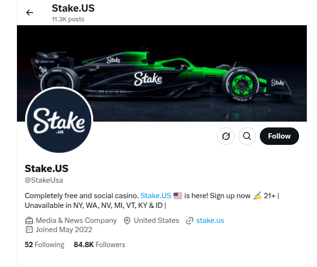Stake.us X profile page with a race car header image, the Stake logo avatar, a follow button, bio and follower counts