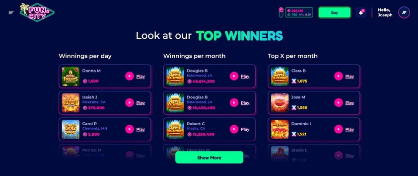 Funzcity Winners Leaderboard Funzcity Winners Leaderboard