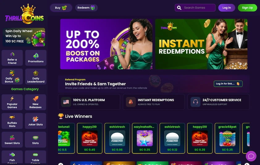 ThrillCoins desktop homepage with a game category sidebar, promo banners, referral program strip and live winners row