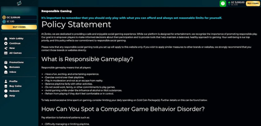 Zonko responsible gaming policy page with a policy statement, a list of healthy play habits and warning sign headings