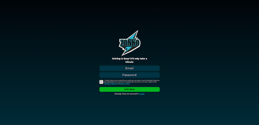 Zonko join page with the lightning bolt logo above email and password fields, an age and terms checkbox and a join button