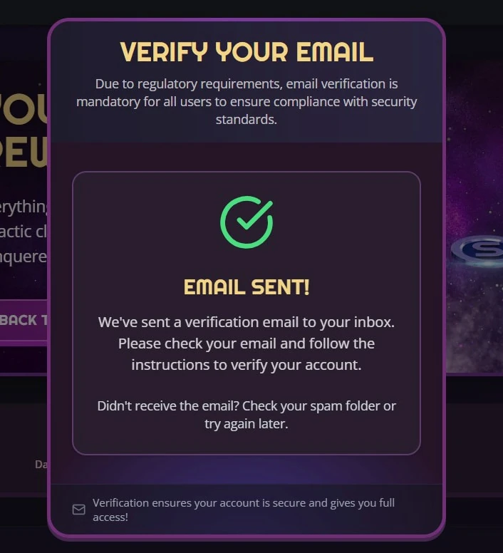 Zunado verify your email modal confirming a verification email was sent, with a tip to check the spam folder